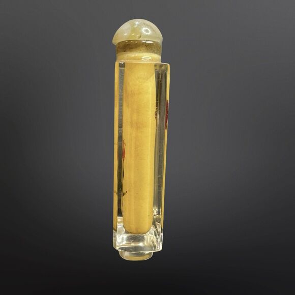 Antique Chinese Reverse Hand Painted TULIP FLORAL Snuff Imperial Yellow Bottle - Picture 8 of 9